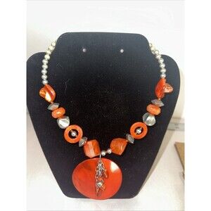 Orange Shell Pendant Necklace Statement Modern Beaded Mother of Pearl Abalone